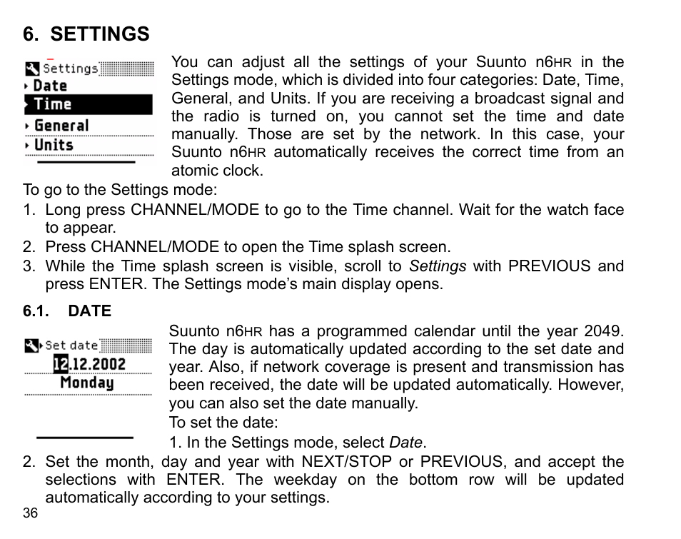 Settings, Date | SUUNTO n6HR User Manual | Page 36 / 64