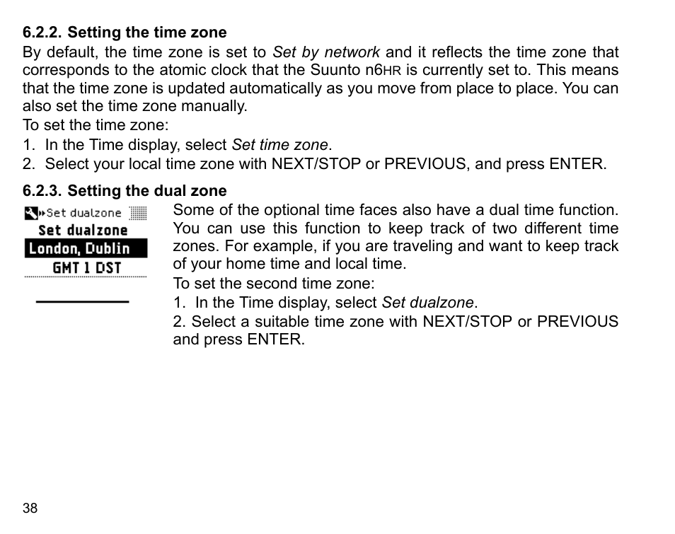 Setting the time zone, Setting the dual zone, Setting the time zone 6.2.3. setting the dual zone | SUUNTO n6HR User Manual | Page 38 / 64