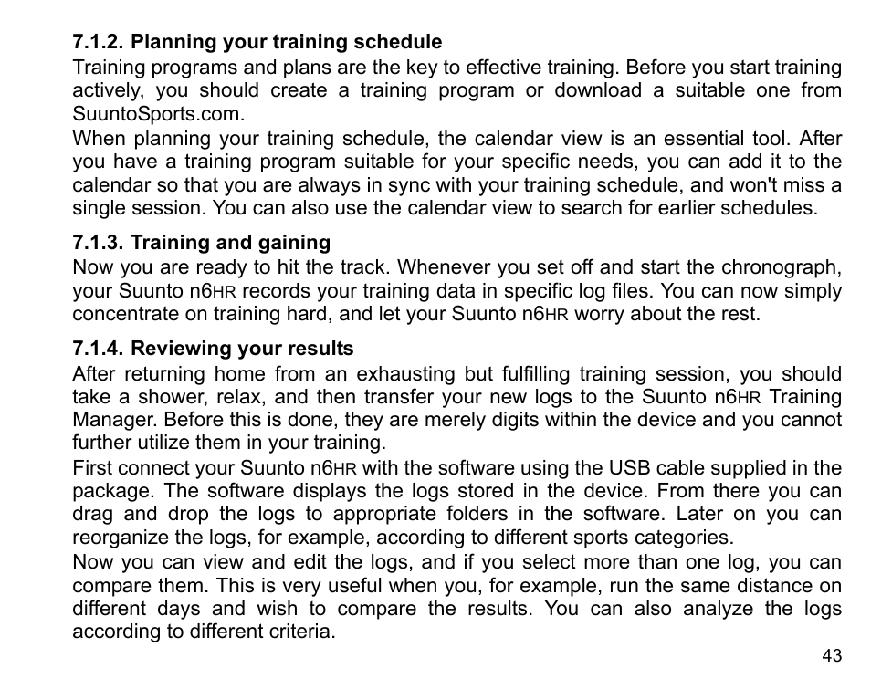 Planning your training schedule, Training and gaining, Reviewing your results | SUUNTO n6HR User Manual | Page 43 / 64