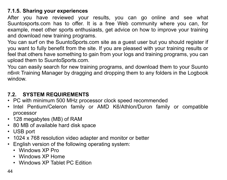 Sharing your experiences, System requirements | SUUNTO n6HR User Manual | Page 44 / 64