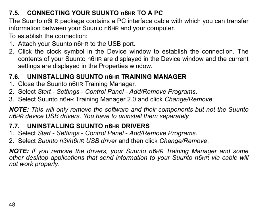 Connecting your suunto n6hr to a pc, Uninstalling suunto n6hr training manager, Uninstalling suunto n6hr drivers | SUUNTO n6HR User Manual | Page 48 / 64