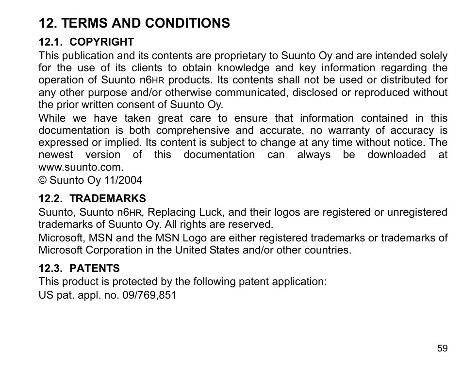 Terms and conditions, Copyright, Trademarks | Patents, Copyright 12.2. trademarks 12.3. patents | SUUNTO n6HR User Manual | Page 59 / 64