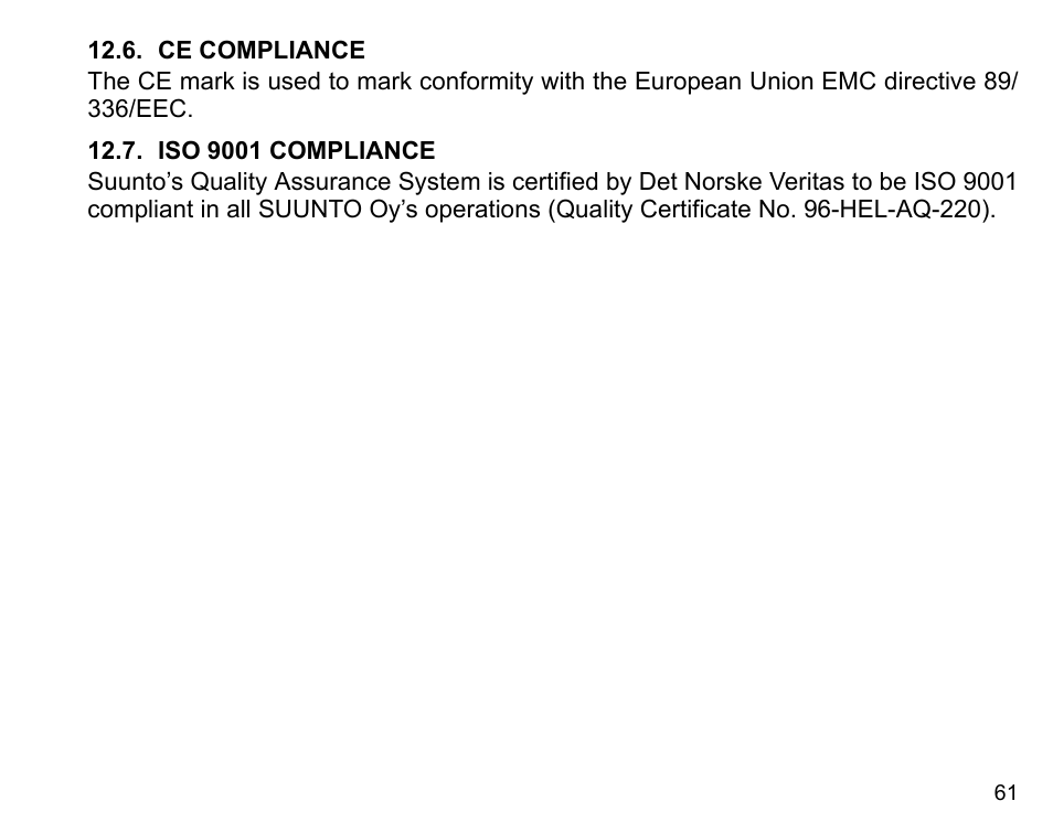 Ce compliance, Iso 9001 compliance, Ce compliance 12.7. iso 9001 compliance | SUUNTO n6HR User Manual | Page 61 / 64