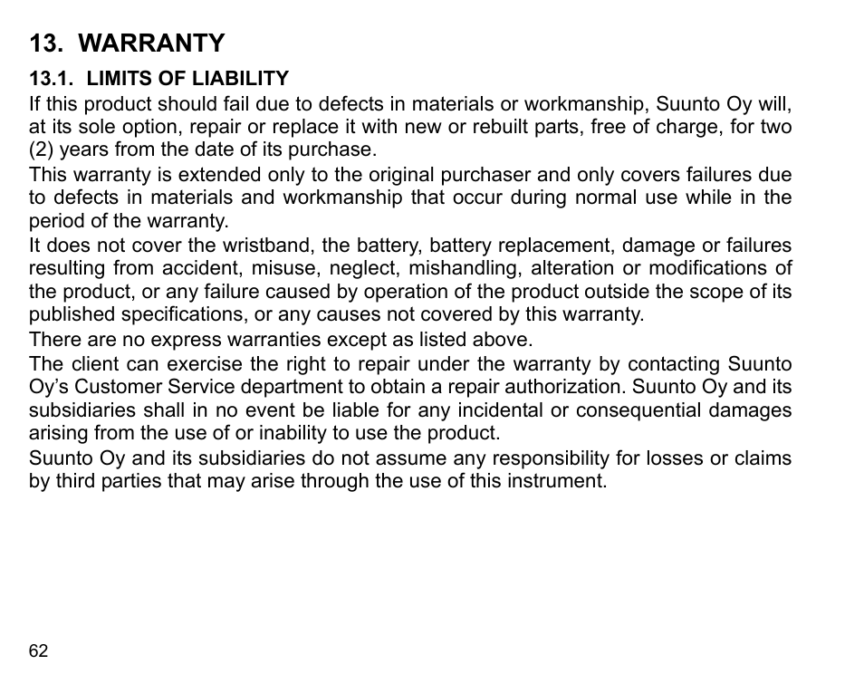 Warranty, Limits of liability | SUUNTO n6HR User Manual | Page 62 / 64