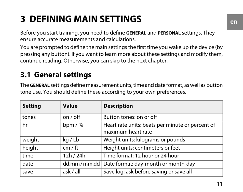 3 defining main settings, 1 general settings | SUUNTO t3d User Manual | Page 12 / 54