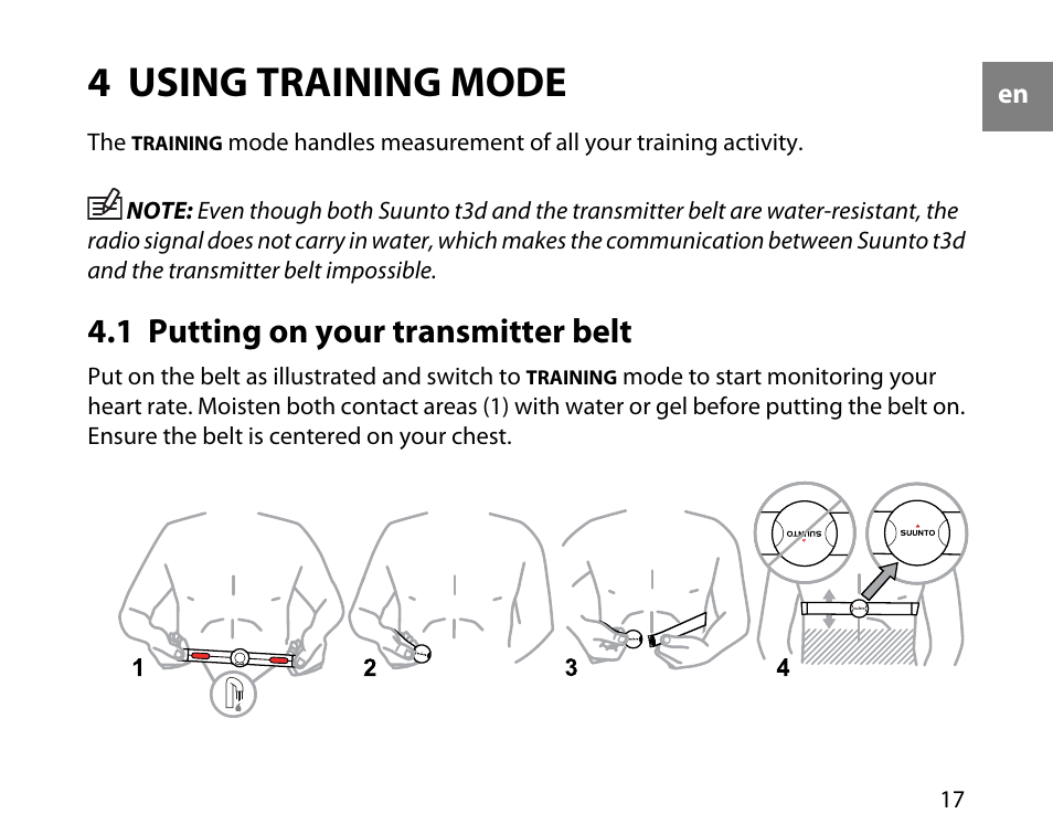 4 using training mode, 1 putting on your transmitter belt | SUUNTO t3d User Manual | Page 18 / 54