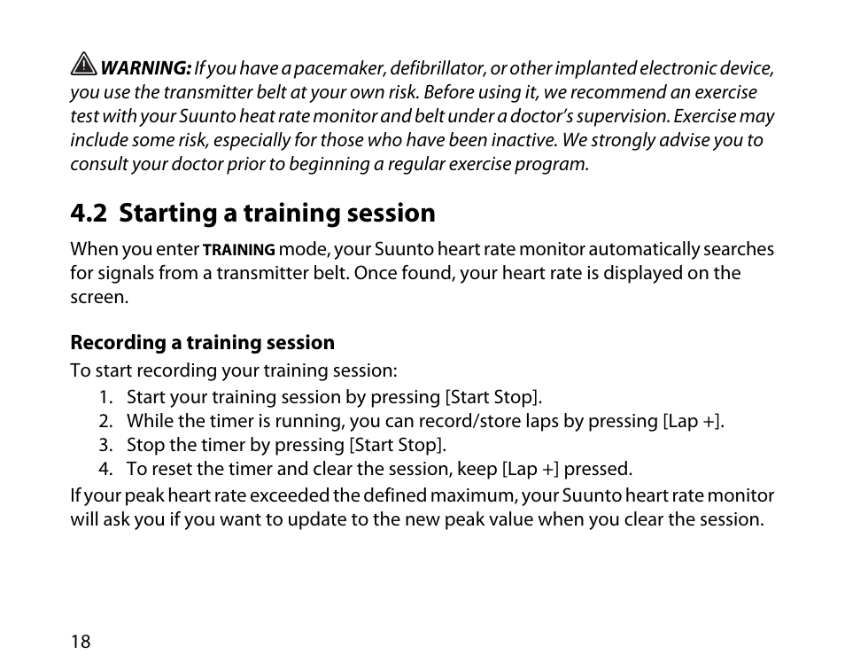 2 starting a training session | SUUNTO t3d User Manual | Page 19 / 54