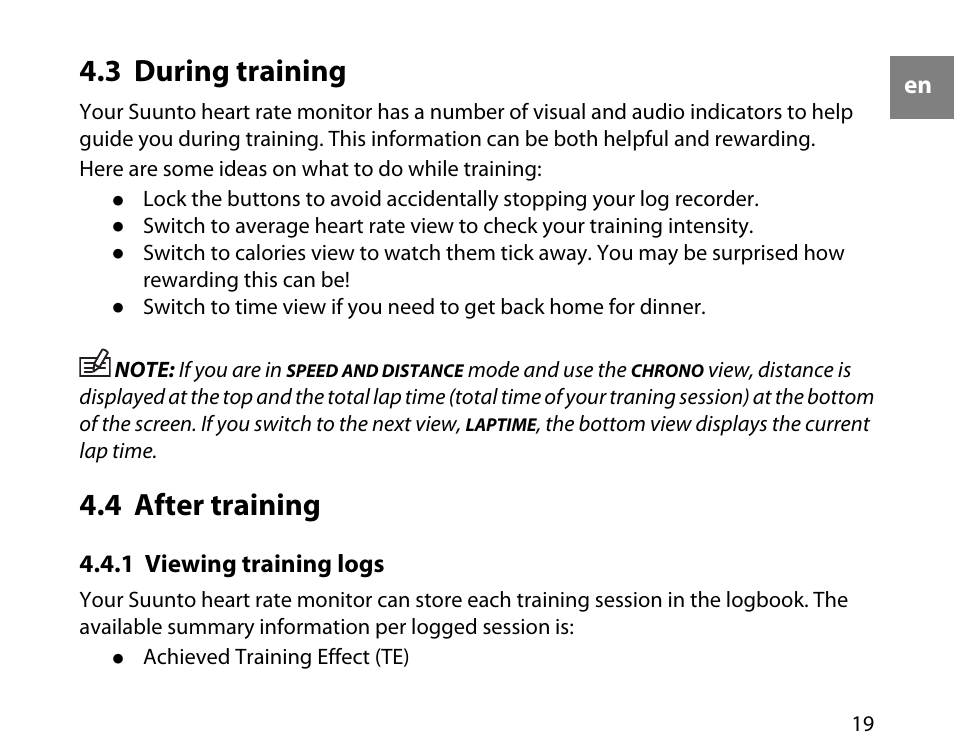 3 during training, 4 after training, 1 viewing training logs | 19 4.4 after training | SUUNTO t3d User Manual | Page 20 / 54