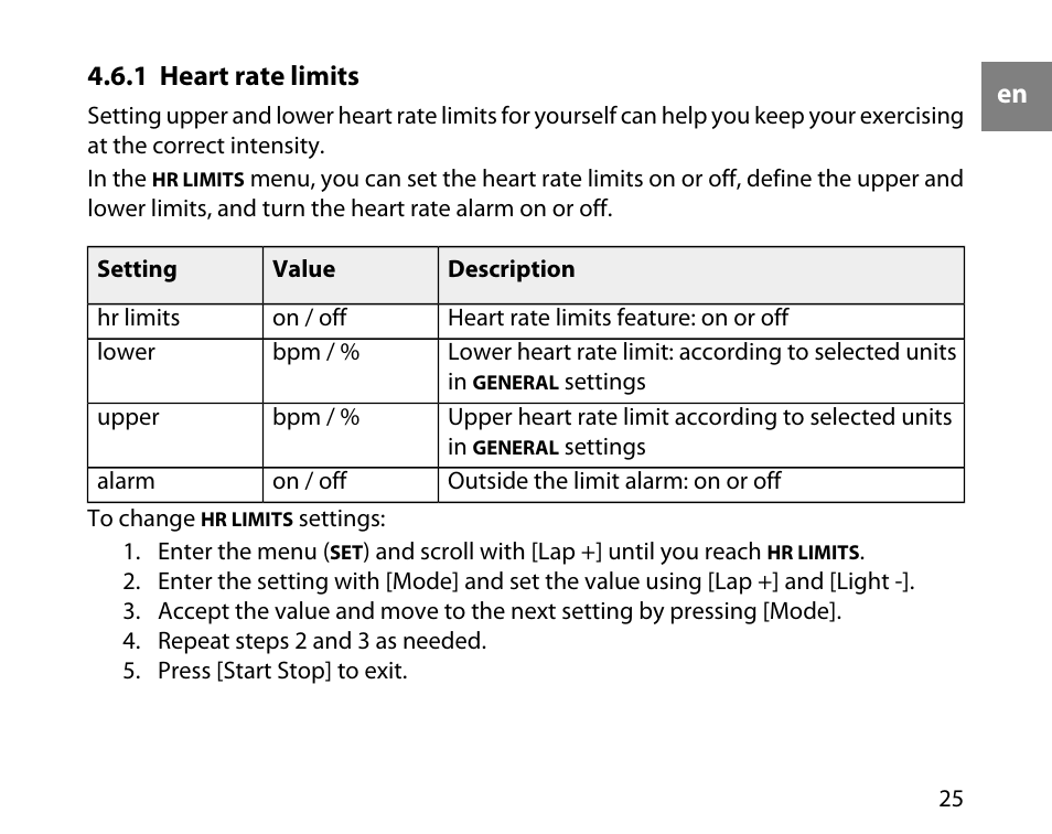 1 heart rate limits | SUUNTO t3d User Manual | Page 26 / 54