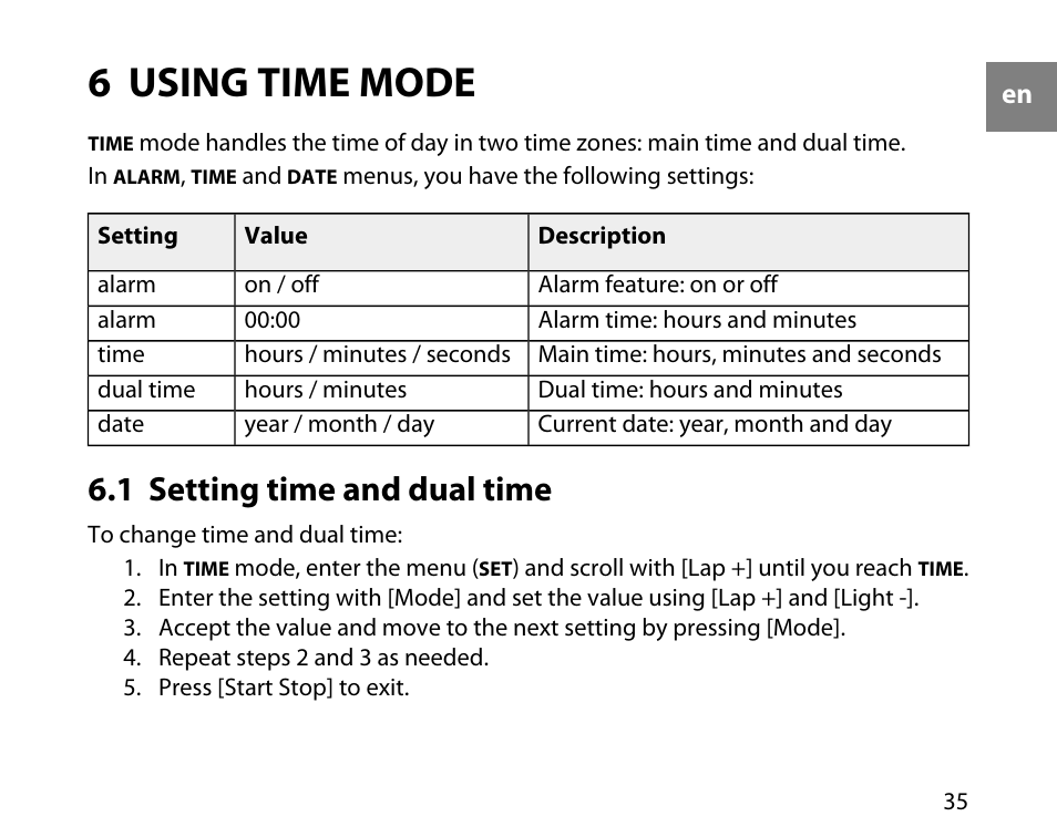 6 using time mode, 1 setting time and dual time | SUUNTO t3d User Manual | Page 36 / 54