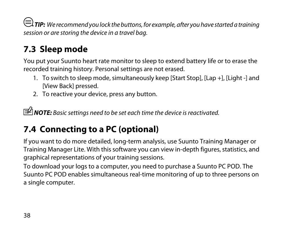 3 sleep mode, 4 connecting to a pc (optional), 38 7.4 connecting to a pc (optional) | SUUNTO t3d User Manual | Page 39 / 54