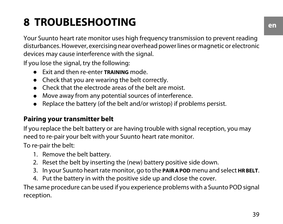 8 troubleshooting, Pairing your transmitter belt | SUUNTO t3d User Manual | Page 40 / 54