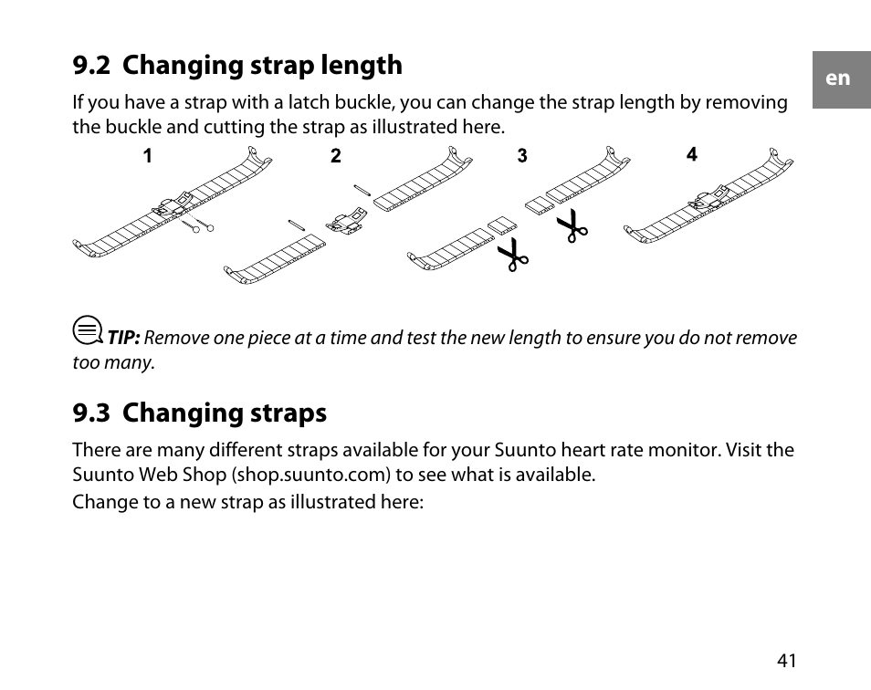 2 changing strap length, 3 changing straps, 41 9.3 changing straps | SUUNTO t3d User Manual | Page 42 / 54