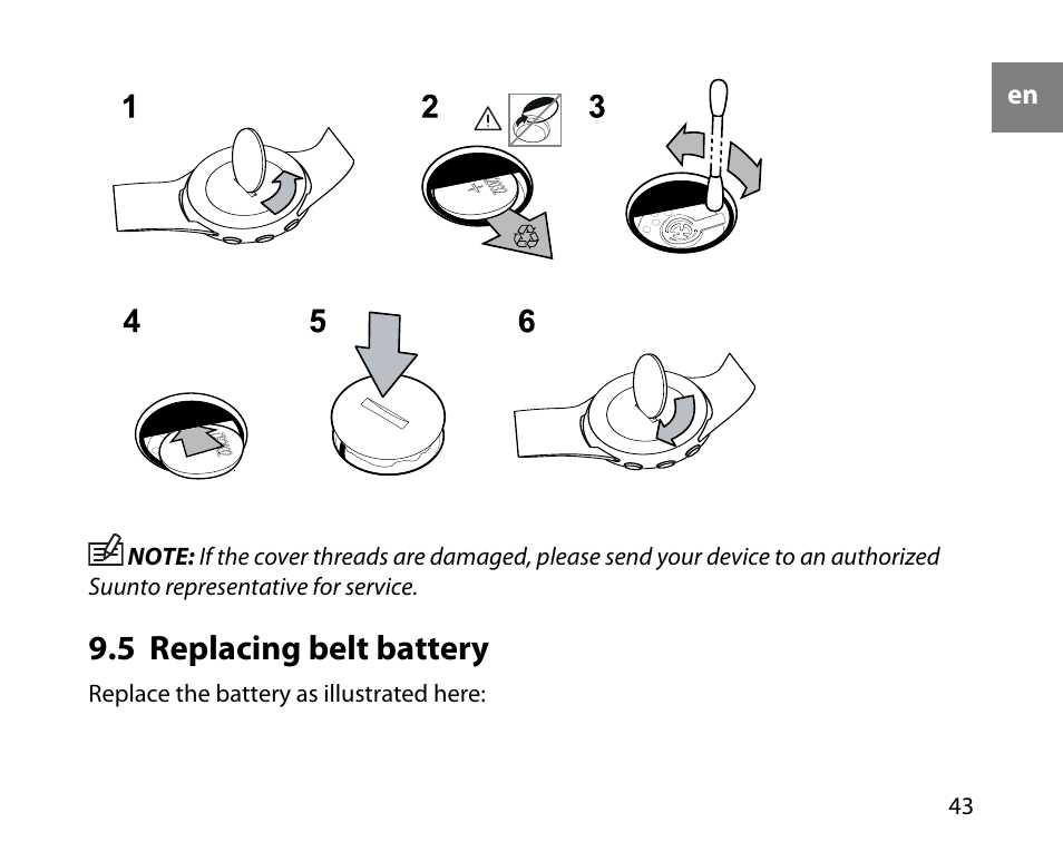 5 replacing belt battery | SUUNTO t3d User Manual | Page 44 / 54