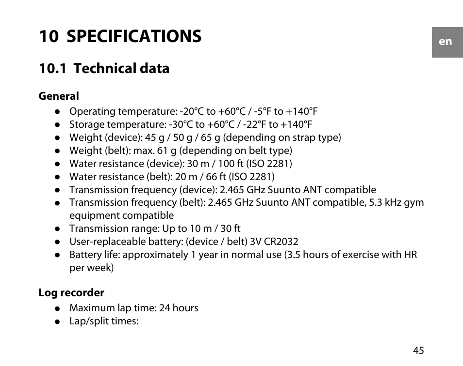 10 specifications, 1 technical data | SUUNTO t3d User Manual | Page 46 / 54