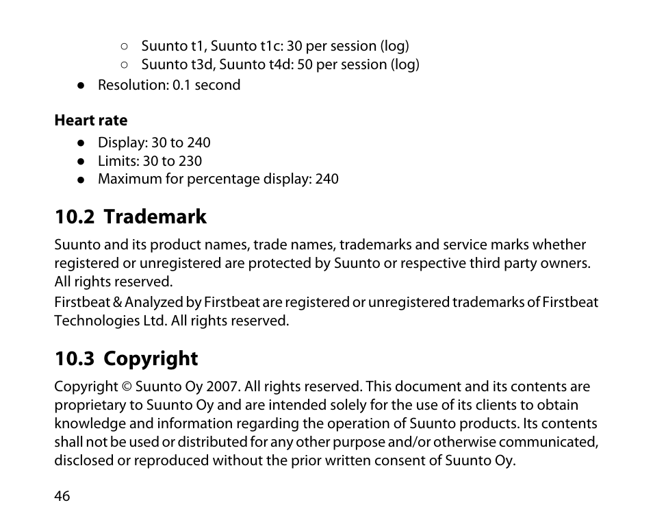 2 trademark, 3 copyright, 46 10.3 copyright | SUUNTO t3d User Manual | Page 47 / 54