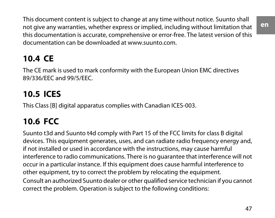 4 ce, 5 ices, 6 fcc | 47 10.5 ices, 47 10.6 fcc | SUUNTO t3d User Manual | Page 48 / 54