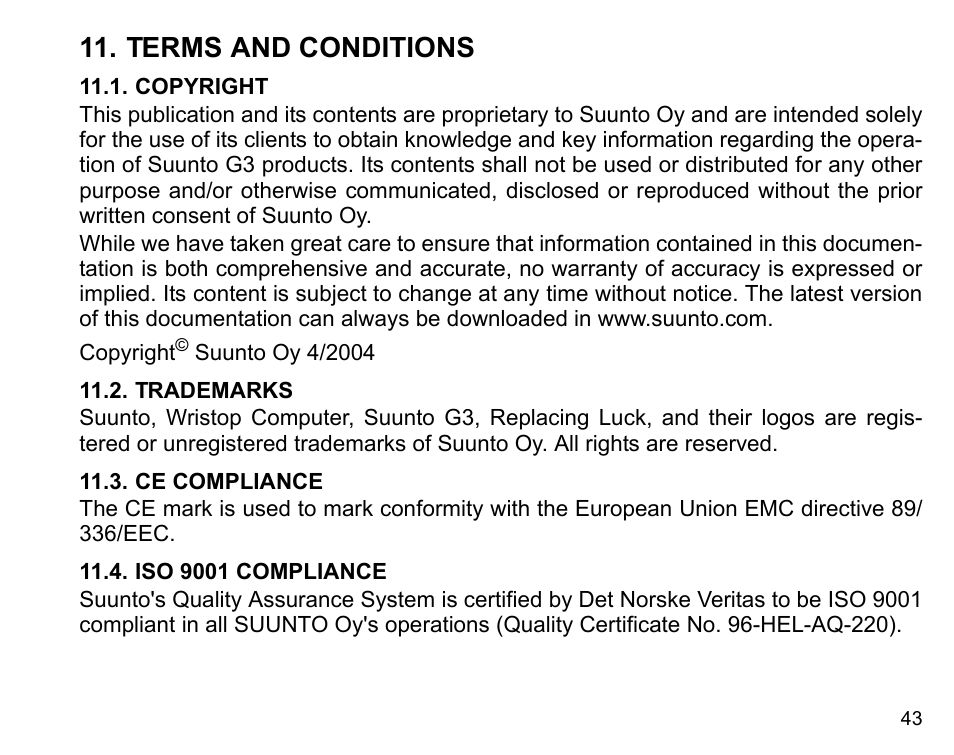Terms and conditions, Copyright, Trademarks | Ce compliance, Iso 9001 compliance | SUUNTO G3 User Manual | Page 45 / 48