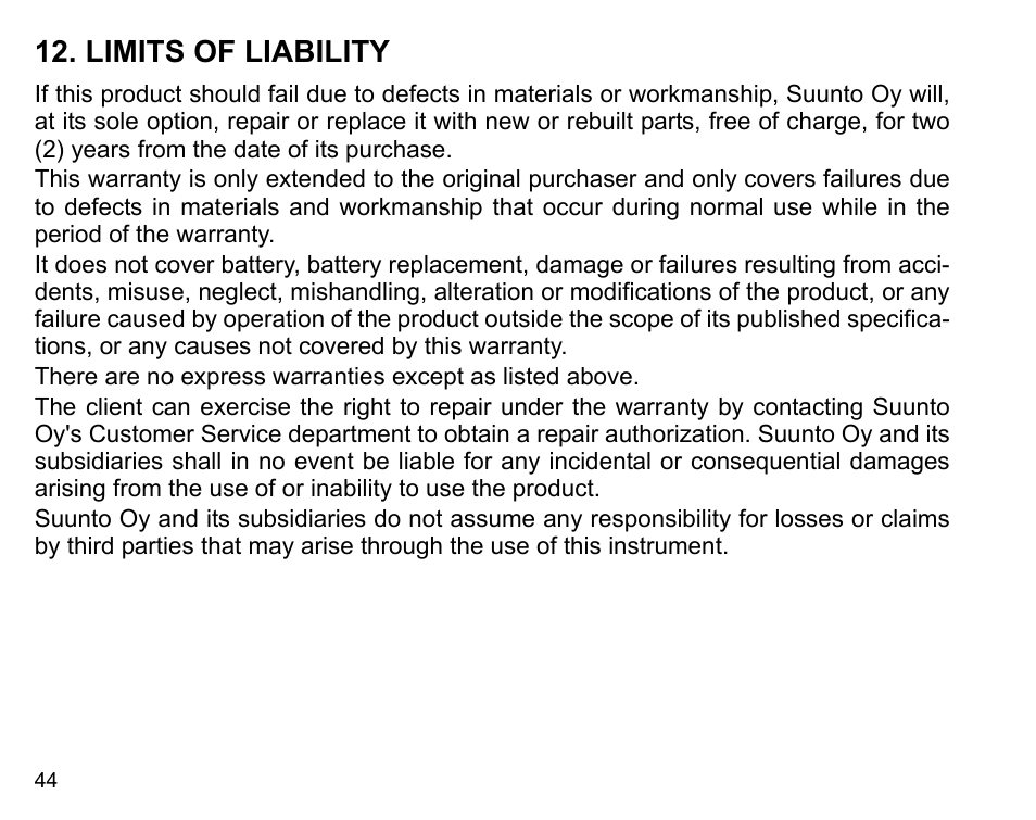 Limits of liability, Terms and conditions, 1 copyright 11.2 trademarks | SUUNTO G3 User Manual | Page 46 / 48