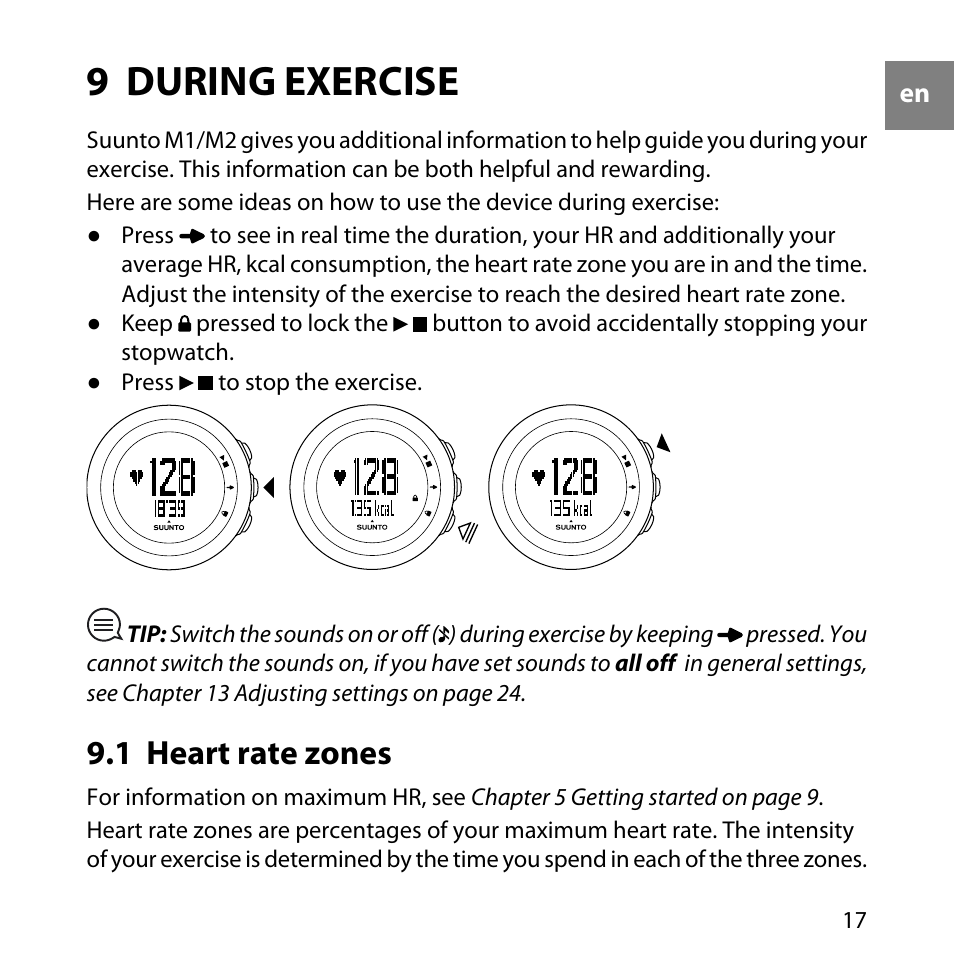 9 during exercise, 1 heart rate zones | SUUNTO M1 User Manual | Page 17 / 35