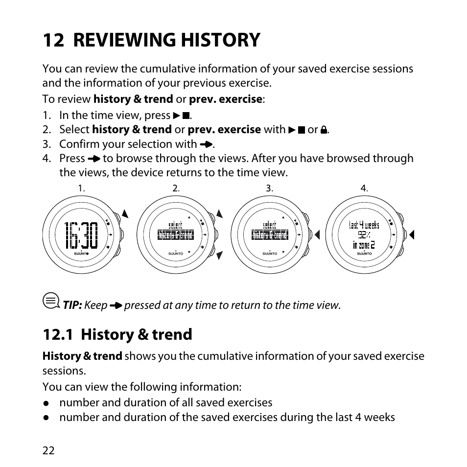 12 reviewing history, 1 history & trend | SUUNTO M1 User Manual | Page 22 / 35