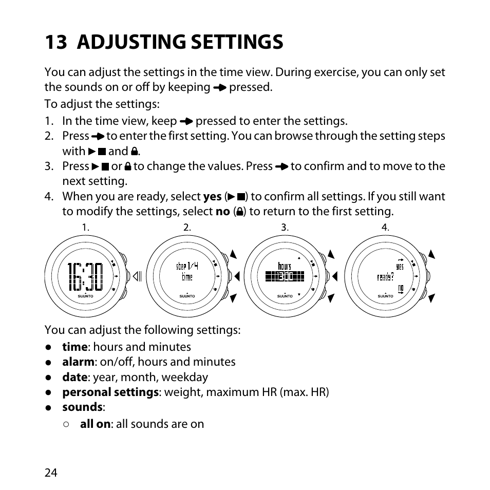 13 adjusting settings | SUUNTO M1 User Manual | Page 24 / 35