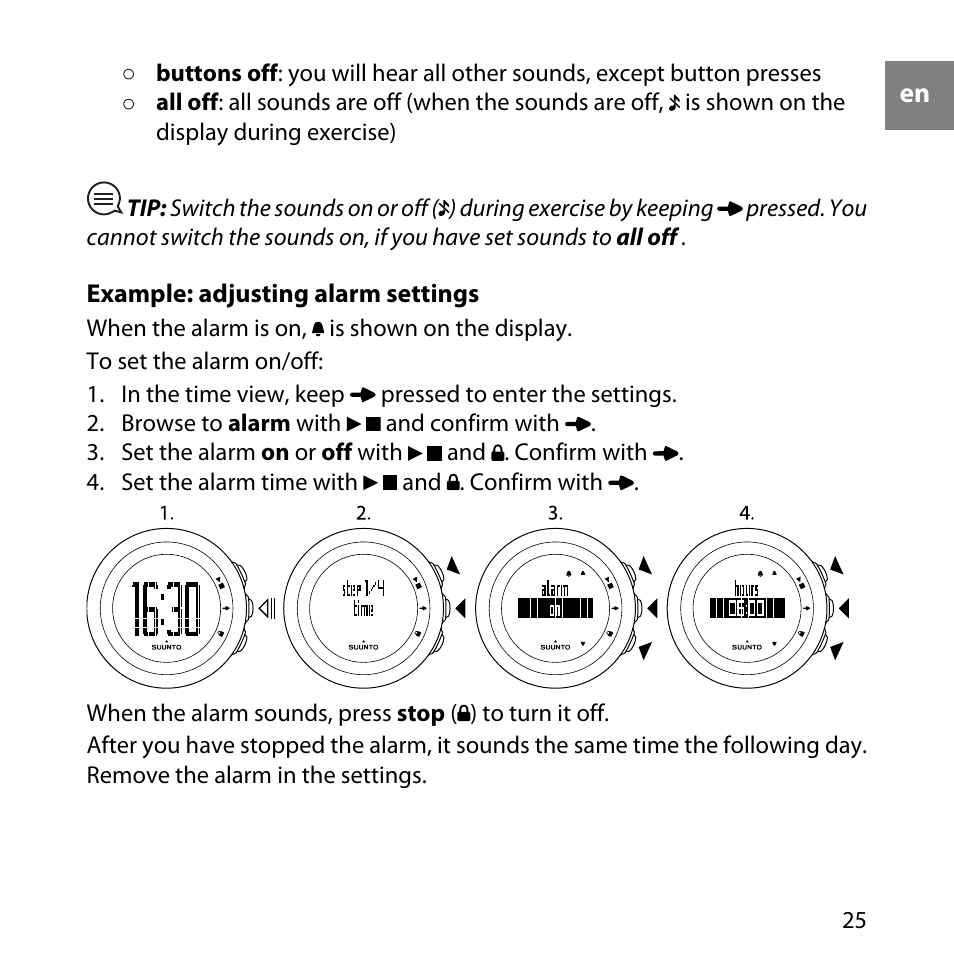 Example: adjusting alarm settings | SUUNTO M1 User Manual | Page 25 / 35