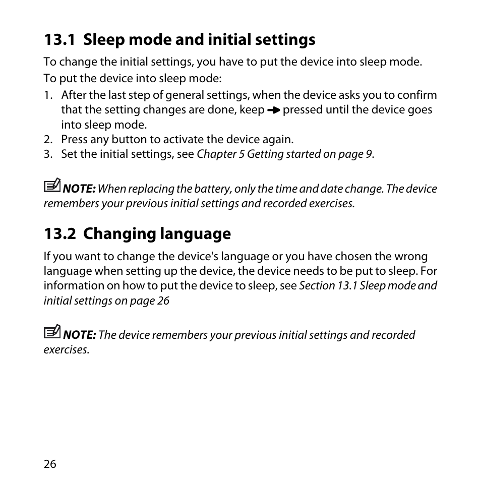 1 sleep mode and initial settings, 2 changing language, 26 13.2 changing language | SUUNTO M1 User Manual | Page 26 / 35