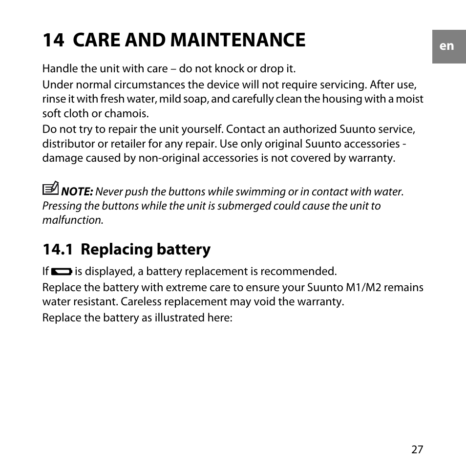 14 care and maintenance, 1 replacing battery | SUUNTO M1 User Manual | Page 27 / 35