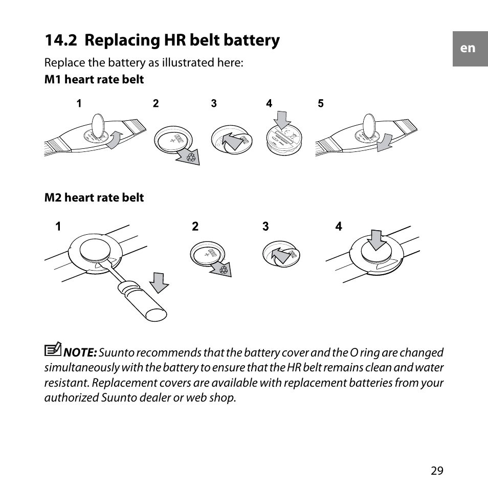 2 replacing hr belt battery | SUUNTO M1 User Manual | Page 29 / 35