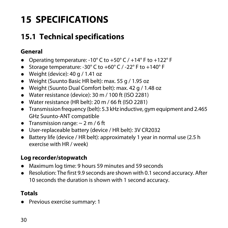 15 specifications, 1 technical specifications | SUUNTO M1 User Manual | Page 30 / 35