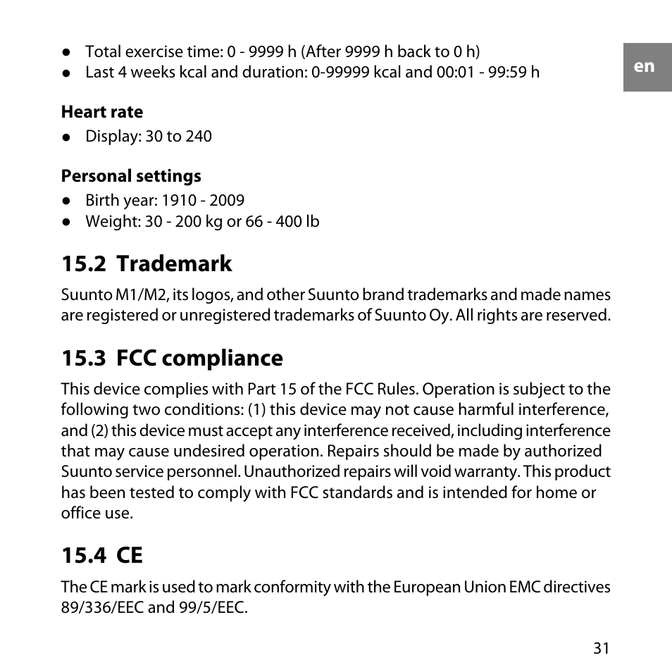 2 trademark, 3 fcc compliance, 4 ce | 31 15.3 fcc compliance, 31 15.4 ce | SUUNTO M1 User Manual | Page 31 / 35
