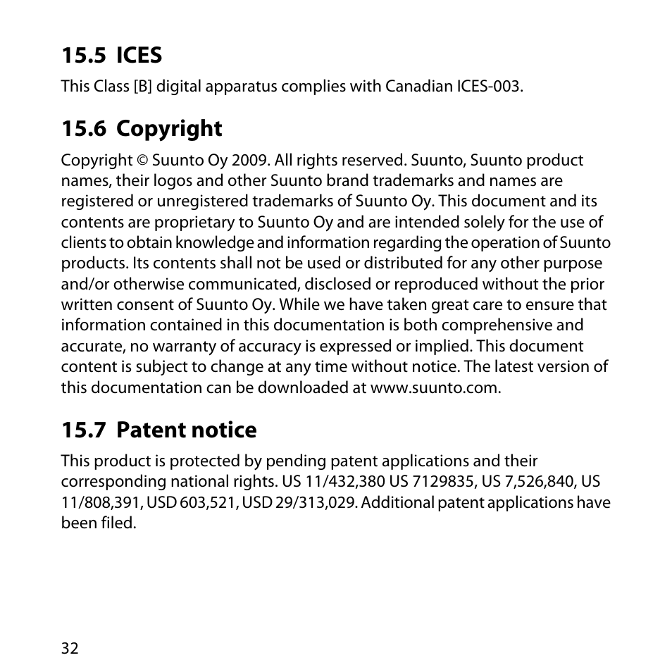5 ices, 6 copyright, 7 patent notice | 32 15.6 copyright, 32 15.7 patent notice | SUUNTO M1 User Manual | Page 32 / 35