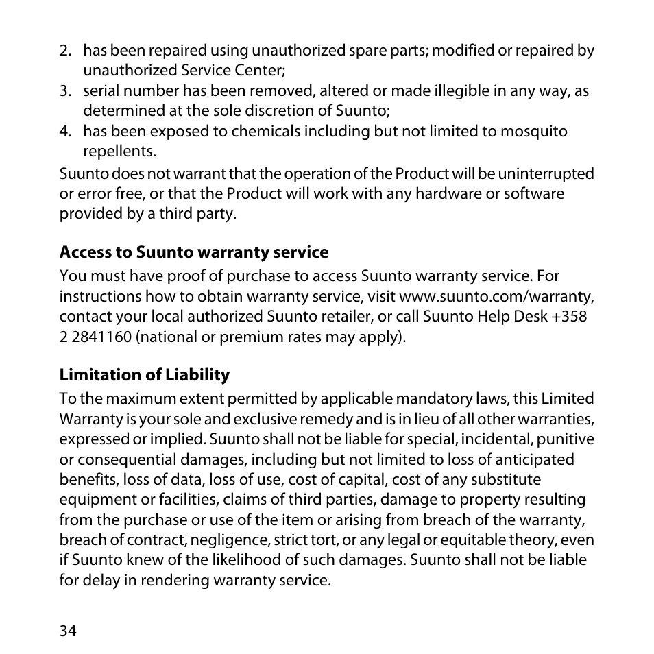 Access to suunto warranty service, 34 limitation of liability | SUUNTO M1 User Manual | Page 34 / 35