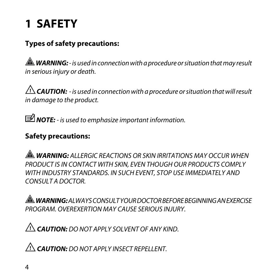 1 safety, Types of safety precautions, 4 safety precautions | SUUNTO M1 User Manual | Page 4 / 35