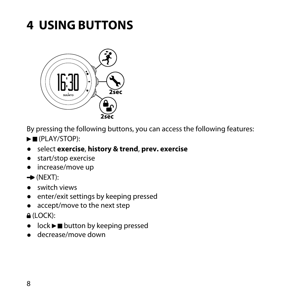 4 using buttons | SUUNTO M1 User Manual | Page 8 / 35