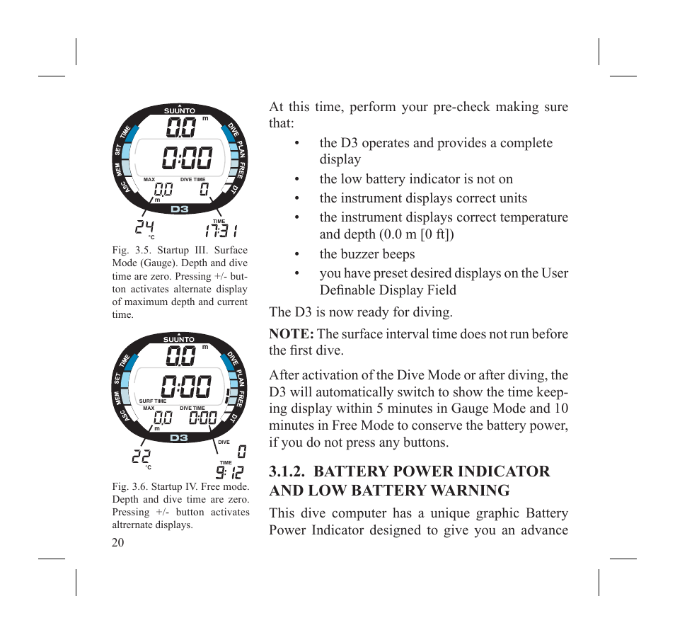 Battery power indicator and low battery warning | SUUNTO D3 User Manual | Page 22 / 86