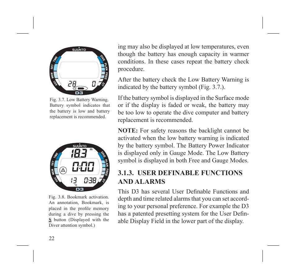 User definable functions and alarms | SUUNTO D3 User Manual | Page 24 / 86
