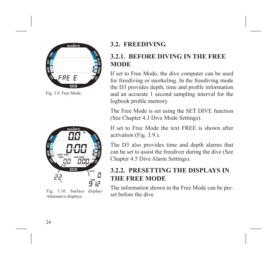 Freediving 3.2.1. before diving in the free mode, Presetting the displays in the free mode | SUUNTO D3 User Manual | Page 26 / 86