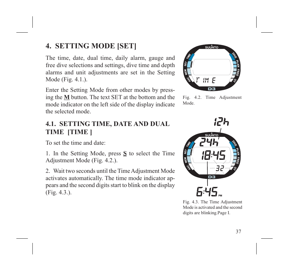 Setting mode [set, Setting time, date and dual time [time | SUUNTO D3 User Manual | Page 39 / 86