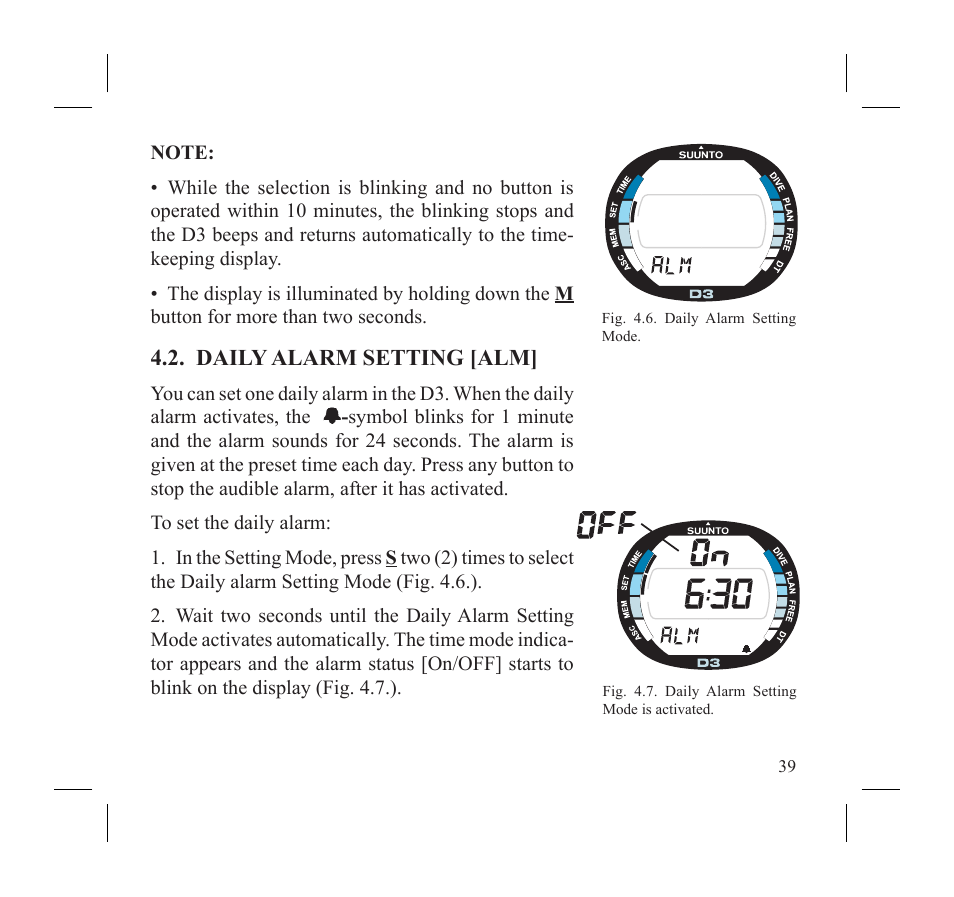 Daily alarm setting [alm | SUUNTO D3 User Manual | Page 41 / 86