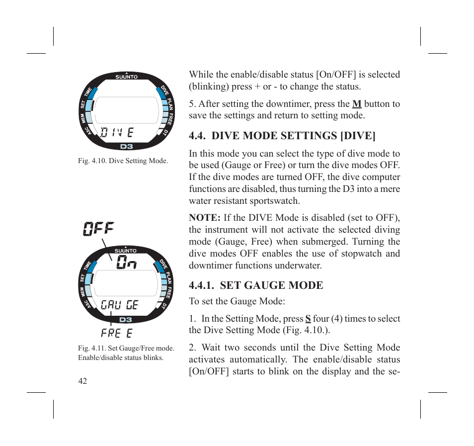 Dive mode settings [dive, Set gauge mode | SUUNTO D3 User Manual | Page 44 / 86