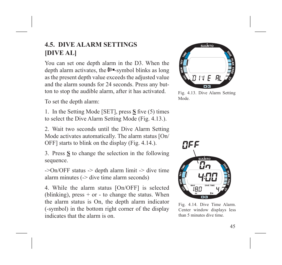 Dive alarm settings [dive al | SUUNTO D3 User Manual | Page 47 / 86