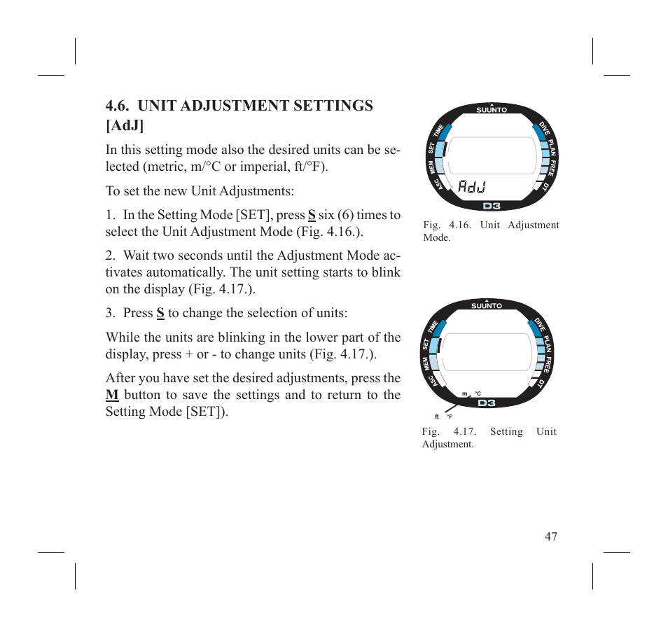 Unit adjustment settings [adj | SUUNTO D3 User Manual | Page 49 / 86