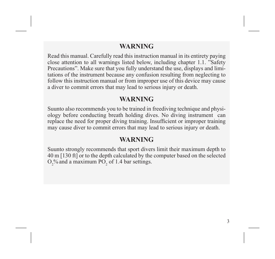 Warning | SUUNTO D3 User Manual | Page 5 / 86