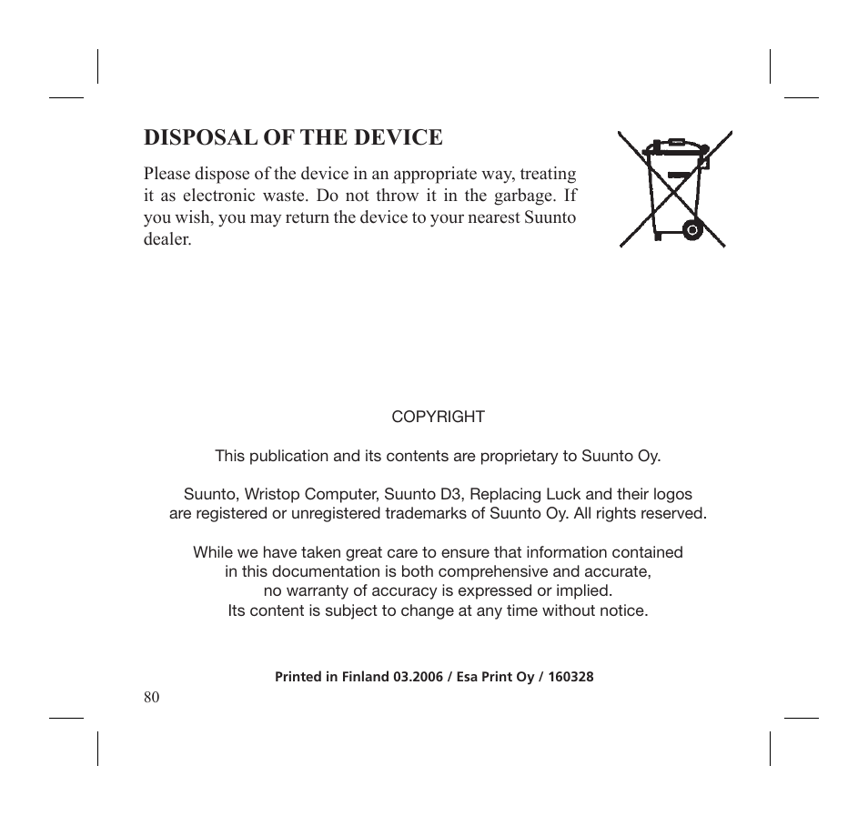 Disposal of the device | SUUNTO D3 User Manual | Page 82 / 86