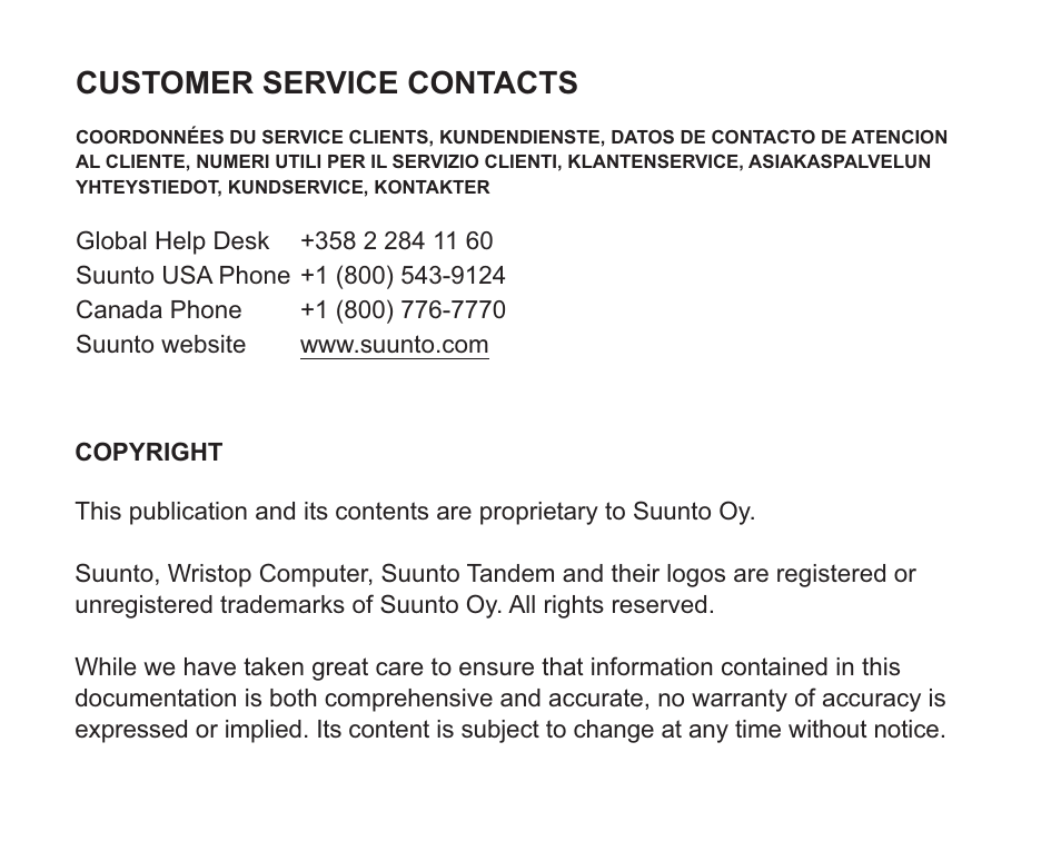 Customer service contacts | SUUNTO Tandem User Manual | Page 2 / 131