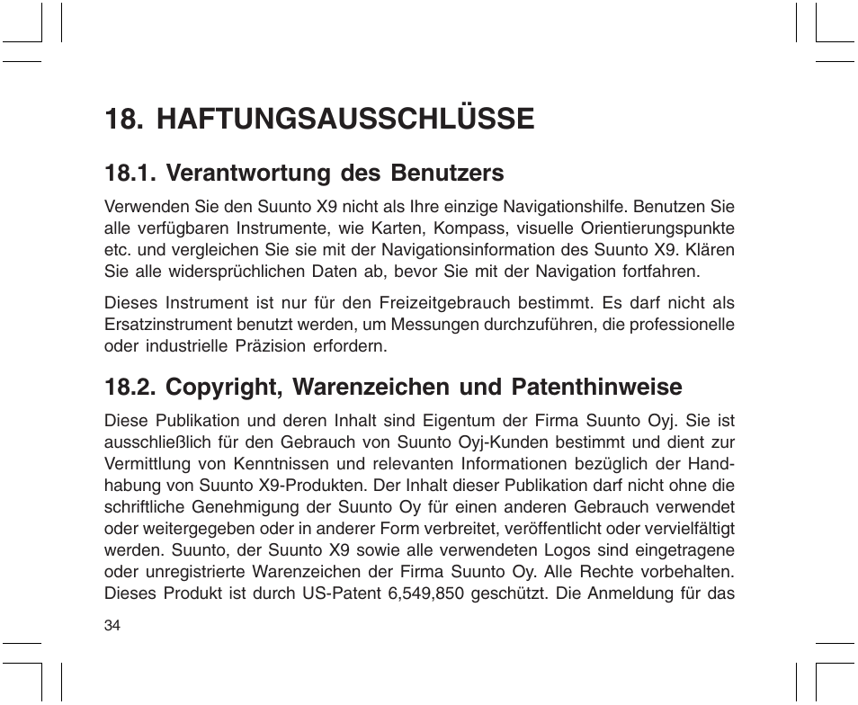 Haftungsausschlüsse, Verantwortung des benutzers, Copyright, warenzeichen und patenthinweise | SUUNTO X9 User Manual | Page 104 / 286