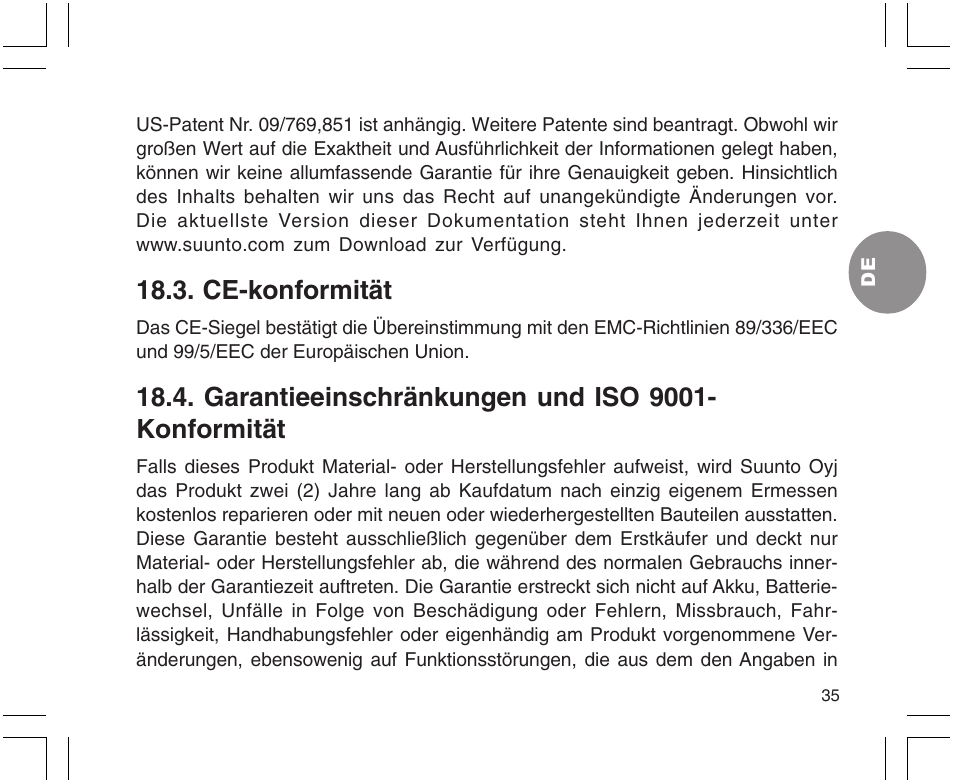 Ce-konformität, Garantieeinschränkungen und iso 9001- konformität | SUUNTO X9 User Manual | Page 105 / 286