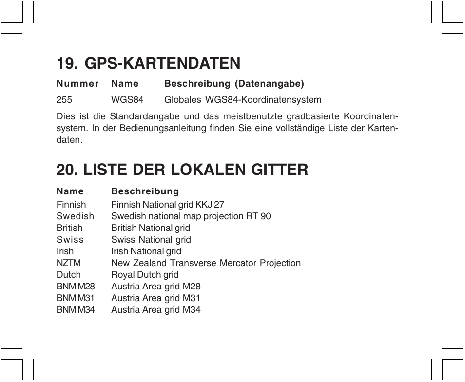 Español, Gps-kartendaten, Liste der lokalen gitter | SUUNTO X9 User Manual | Page 108 / 286